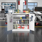 Metal Storage Cabinet with Lock, Lockable Metal Garage Cabinet with Pegboards and Hooks for Garage,Warehouse,Home,Office, Assembly Required,White
