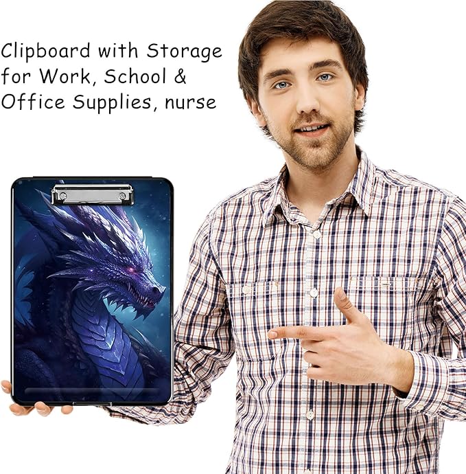 Clipboard with Storage, High Capacity Plastic Storage Clipboard with Pen Holder for for Women Teachers Work, School & Office Supplies, Cute Pattern Decorative Clipboards, Purple Dragon