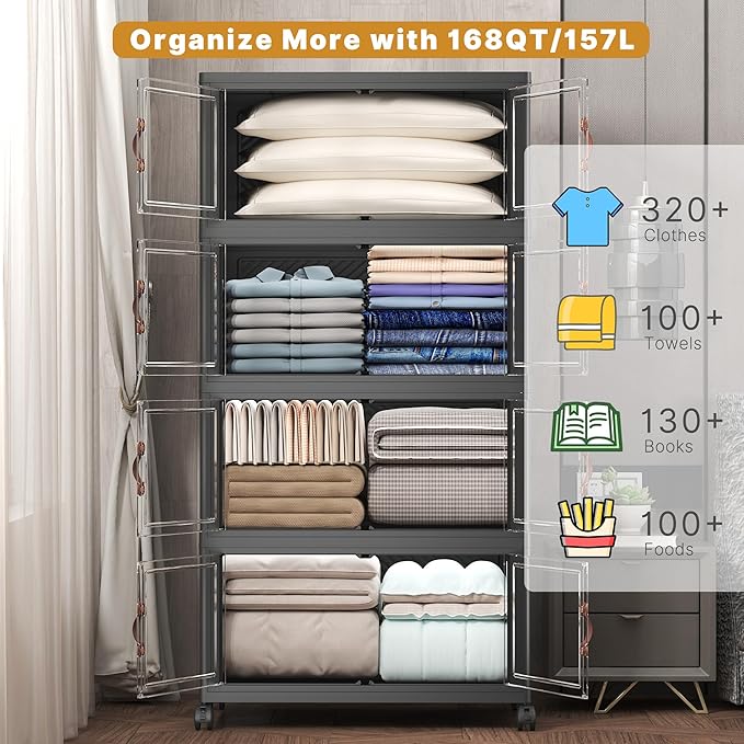 640Qt Stackable Storage Bins with Lids, 4 Pack Large Collapsible Bins with Wheels, Plastic Cabinet with Doors, Foldable Closet Organizers and Storage for Home, Dorm, Office, Black