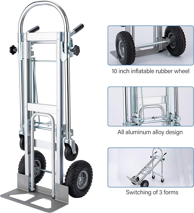 LEADALLWAY 3-in-1 Aluminum Convertible Hand Truck, Heavy Duty Folding Dolly Cart Pneumatic & Solid Wheels for Moving, Warehouse, Delivery, Home Use,770lbs Capacity