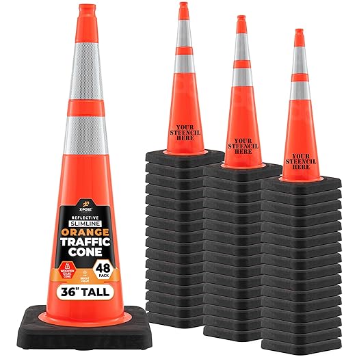 Xpose Safety 36 Inch Orange Slim Line Traffic Cones Heavy Duty 12lb with 6" & 4" Collars, 48 Pack Multipurpose PVC Plastic Safety Cone for Parking, Soccer, Caution, Kids & Construction - DOT Approved
