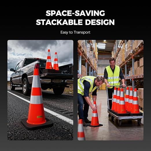 6 Pack 28 Inch Traffic Cones with Black Base, from -22℉ to 131℉, MUTCD-Compliant Orange Safety Cone with Reflective Collar ＆ Extra Caution Tape for Parking Lot, Construction Work, Road Safety