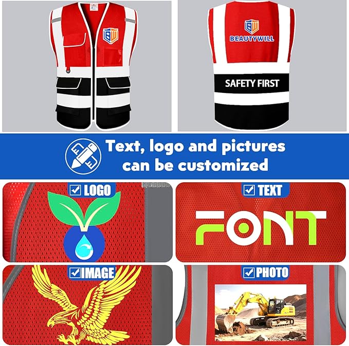 BeautyWill Custom Safety Vest Customized Logo Class 2 High Visibility Reflective Vest with Pockets Construction workwear