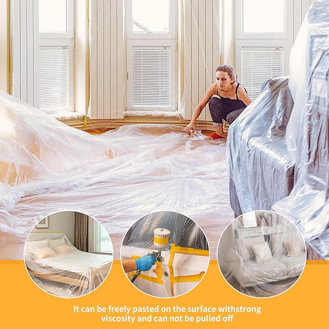 Pre-Taped Masking Film 4 Pack 59 in x 65 feet Rolls, Tape and Drape, Painters Plastic Drop Cloth for Automotive Painting Covering, House Decoration Furniture Floor Dustproof Cover