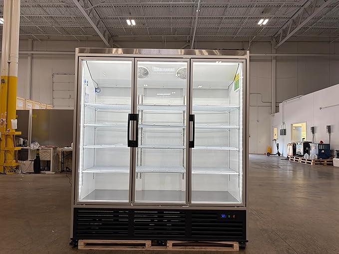 71” Wide Commercial Beverage Refrigerator Display Fridge, Three Glass Door Merchandiser Drink Cooler With LED Light Adjustable Shelves,ETL Sanitation,63.5 Cu Ft,NO CANOPY,BLACK,(Wheels Included)