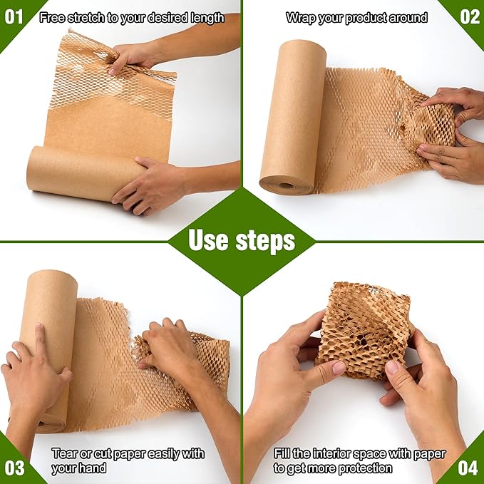 Honeycomb Packing Paper 12" X 200 FT Packing Material for Moving Glass Dishes Wrapping Paper Bubble Wrap for Shipping Fragile Items Shipping Filler with 20 Fragile Stickers