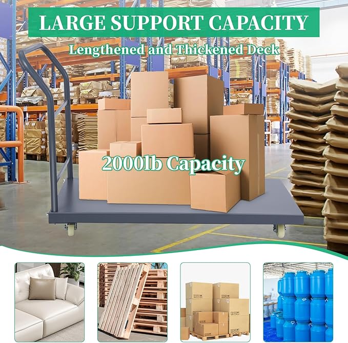 Heavy Duty Flatbed Cart 48"x30" Platform Truck, 2000 lbs Capacity Steel Hand Truck with 4 Swivel Wheels, Industrial Utility Push Cart for Warehouse, Garage, and Moving Supplies