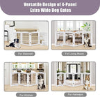 LZRS 4-Panel Freestanding Wooden Dog Gate—Extra Wide 30” Tall Foldable Pet Barrier with Support Feet, Solid Hardwood & Steel Wire Chew-Resistant Safety Gate for Doorways, Hallways, and Stairs, White
