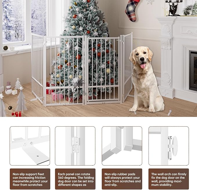 4 Panels Full Metal Freestanding Dog Gates with Door, 80” W x 36” H Folding Pet Gate Fence with Support Feet for Indoor,Stairs, Hallways and Doorways(White)