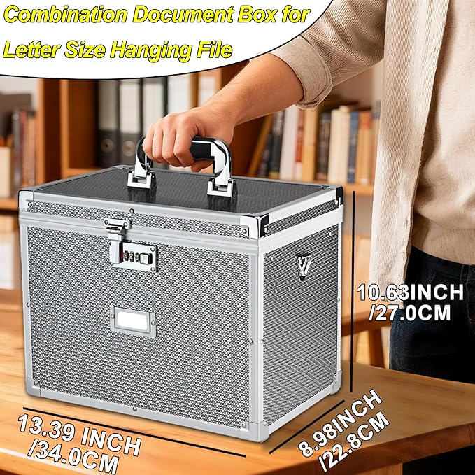 File Storage Cabinet File Organizer Document Organizer File Box in Office and Home with Combination Lock with 20 Letter Size Hanging Files (Diamond Silver)