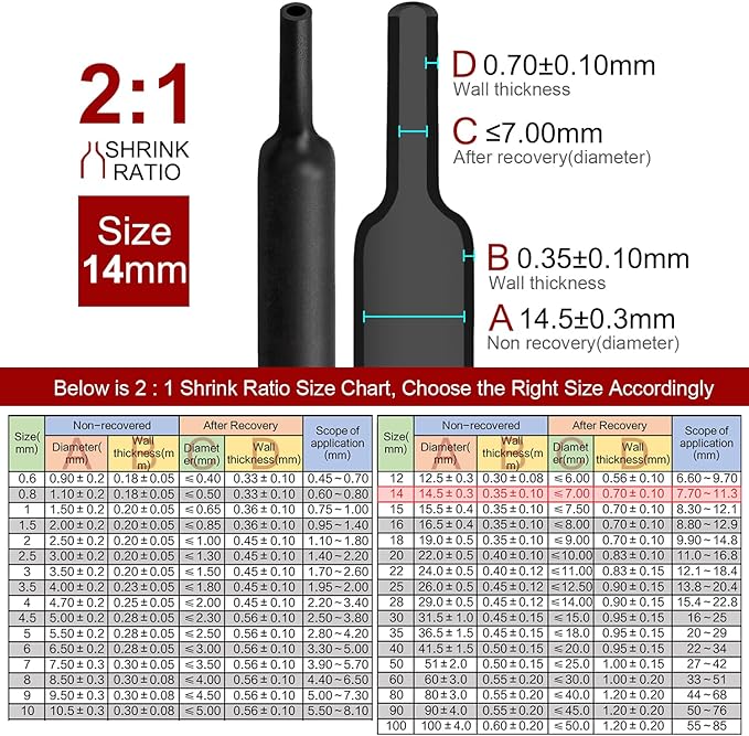 Chanzon 2:1 Ratio 9/16" (14mm) Heat Shrink Tubing 3.3Ft Roll (1M Total Length) Black Polyolefin Sleeving Wrap Shrinking 2 to 1 1pcs