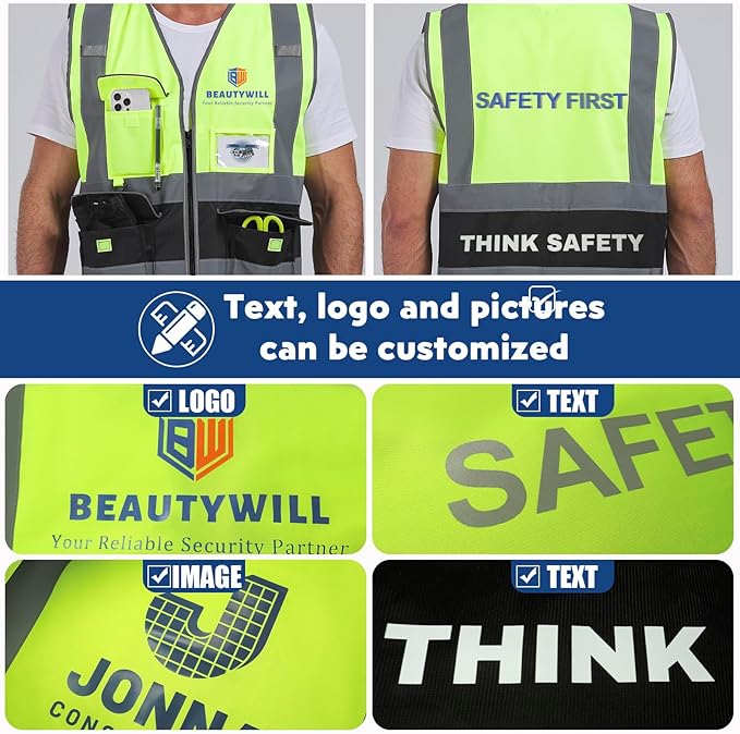 BeautyWill 10/20 Pack Custom Logo Safety Vest,Bulk High Visibility Class 2 Reflective Work Vests