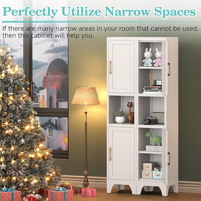 67" H Tall Bathroom Storage Cabinet with 2 Doors ＆Adjustable Shelves,Narrow Metal Cabinet with Open Countertop,Narrow Storage Unit for Small Space,Bathrooms,Entryway,Kitchen- Assembly Required(White)