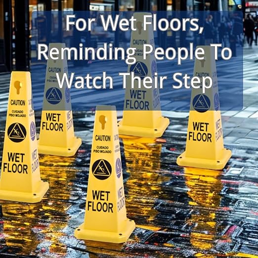 BESEA Caution Wet Floor Signs 8 Pack Heavy Duty Caution Cones to Avoid Slipping When Wet Sign, Yellow 4 Sides Bilingual Printing Avoid Fall Slip Accident for Indoors and Outdoors