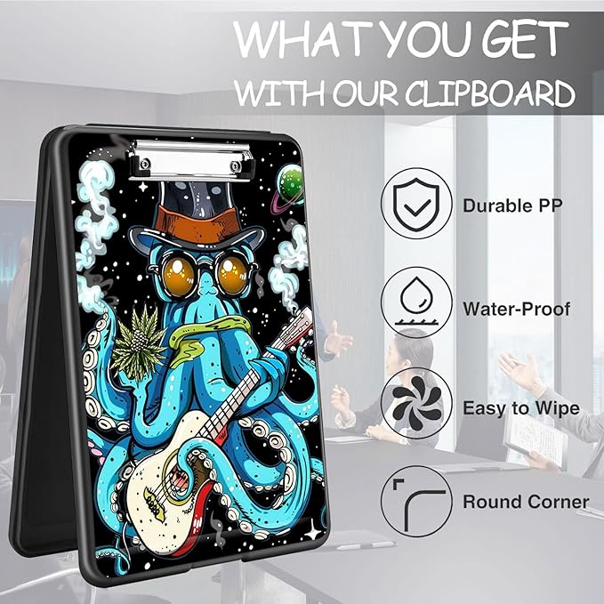 Clipboard with Storage, High Capacity Plastic Storage Clipboard with Pen Holder for for Women Teachers Work, School & Office Supplies, Cute Pattern Decorative Clipboards, Octopus Plays Guitar