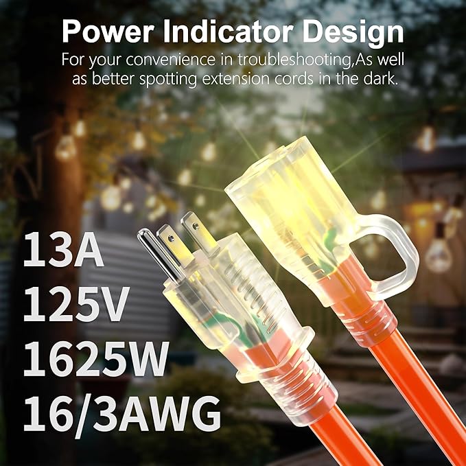HUANCHAIN 50 ft 16/3 Gauge Outdoor Extension Cord Waterproof with Lighted, Flexible Cold Weather 3 Prong Power Cord Outside, 13A 1625W 125V 16AWG SJTW, Orange, ETL Listed