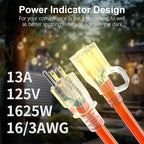 HUANCHAIN 50 ft 16/3 Gauge Outdoor Extension Cord Waterproof with Lighted, Flexible Cold Weather 3 Prong Power Cord Outside, 13A 1625W 125V 16AWG SJTW, Orange, ETL Listed