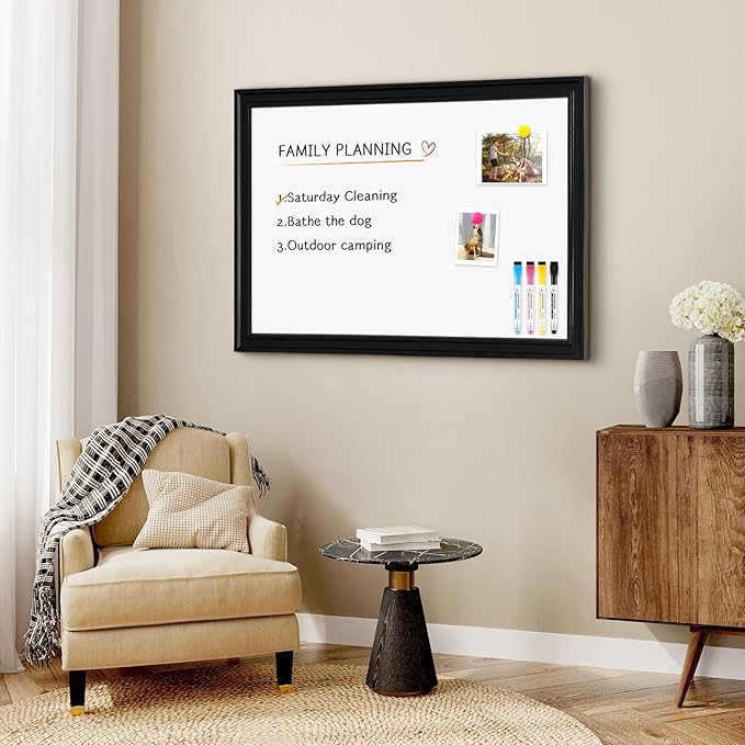 4 THOUGHT Dry Erase Board, 18 x 24 in Magnetic Whiteboard Black Vintage Wood Frame Wall-Mounted White Board Decorative Notice Board for School, Office, Home, Kitchen with 8 Magnets 4 Markers 1 Eraser