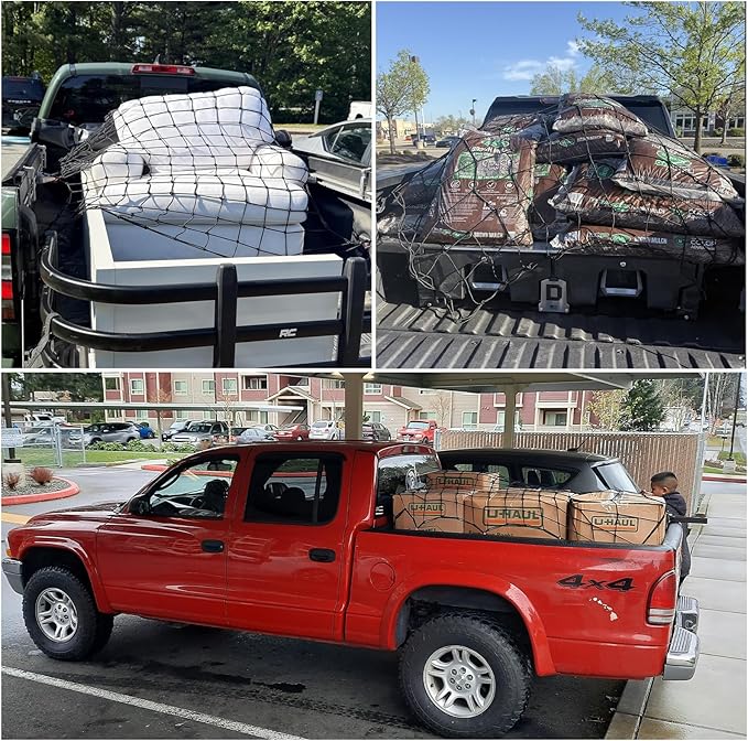 Elastic Cargo Net for Pickup Truck Bed (4' X 6' Stretches to 8' X 12'), Heavy Duty Cargo Net with 12 Pcs Steel Carabiners & 12 Pcs Sturdy Plastic Carabiners, for SUV, ATV, Trailer Tarp