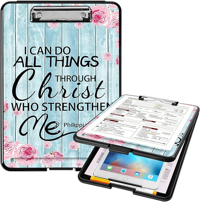 A4 Clipboards,Heavy Duty Waterproof Nursing Plastic Folder Clipboard with Storage Clip Boards,File Folder Storage Box Clipboard Case for Teacher,Doctor,Offices,Bible Verses Philippians 4-13