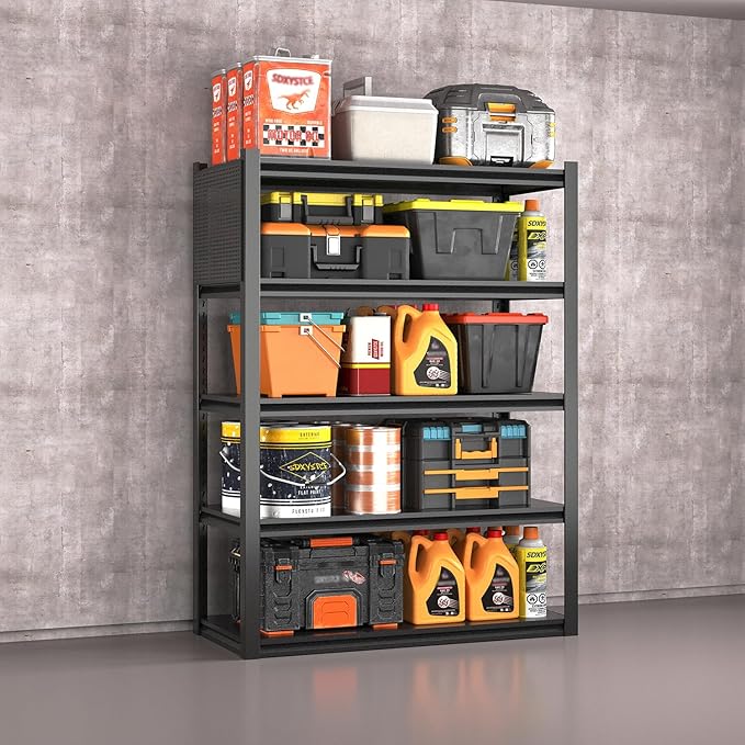 Metal Garage Shelving Unit with Pegboard, Heavy Duty 5-Tier Adjustable Industrial Storage Shelves, 5000 LBS Steel Storage Rack for Garage, Warehouse, Basement, 72"H x 47.2"W x 23.6"D, Black