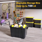 Nazhura 72Quart Plastic Storage Bin, Stackable and Nestable Storage Boxes with White Lids and Secure Latching Buckles, Large Storage Container (Black/Yellow, 72Quart-6Pack)