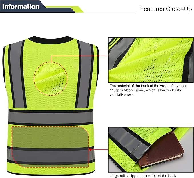 Class 2 High Visibility Reflective Safety Vests Women & Men With 15 Pockets And Zipper Front,Meets Ansi/Isea Standards