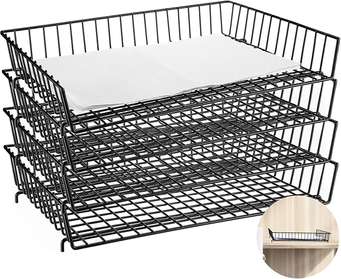 Hicarer 4 Pcs Metal Paper Tray 11 x 17 Inch Iron Wire Grid Desk File Document Letter Tray 11 x 17 Paper Desk Organizer Wide Entry Basket for Office Home (Black)