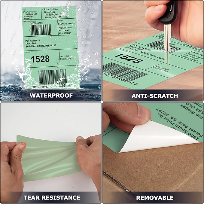 Green Direct Thermal Labels 4 × 6 Inch Vinyl Self-Adhesive Fanfold Shipping Stickers Waterproof Perforated Printer Decal for Office School Warehousey 500 PCS