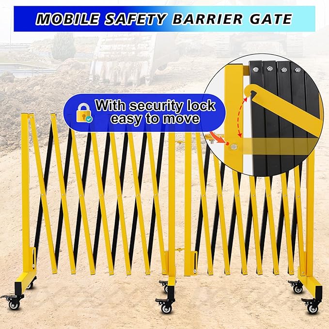 16.8FT Industrial Metal Expandable Barricade，Retractable Traffic Fence with Casters, 270 Degrees Folding Security Gate, Portable Barricade Gate for Construction Area, Traffic Control, Cordon
