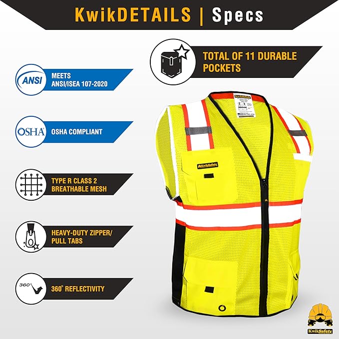 KwikSafety - Charlotte, NC - BIG KAHUNA Safety Vest [2 PACK] Class 2 ANSI OSHA Reflective Vest Durable High Visibility Vest Construction Safety Vest for Men Industrial Work Gear/Yellow Small