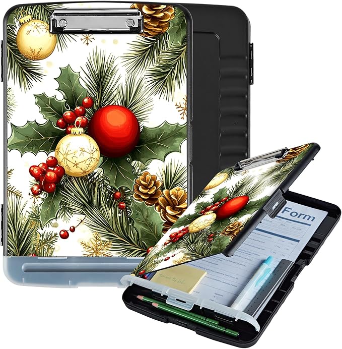 Clipboard with Storage Box & Pen Holder,Heavy Duty Clip Boards 8.5x11 for Nursing,High Capacity,School & Office Supplies,Christmas Ornaments Pinecones