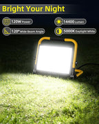 14400LM LED Work Light, 120W Flood Light with 16FT Cord & Switch, Portable Worklight with Stand, 5000K IP66 Waterproof Construction Lighting for Job Site Repairing Workshop Garage