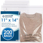Spartan Industrial - 11” X 14” (200 Count) Self Seal Clear Poly Bags with Suffocation Warning for Packaging, T Shirts & - Resealable Glue