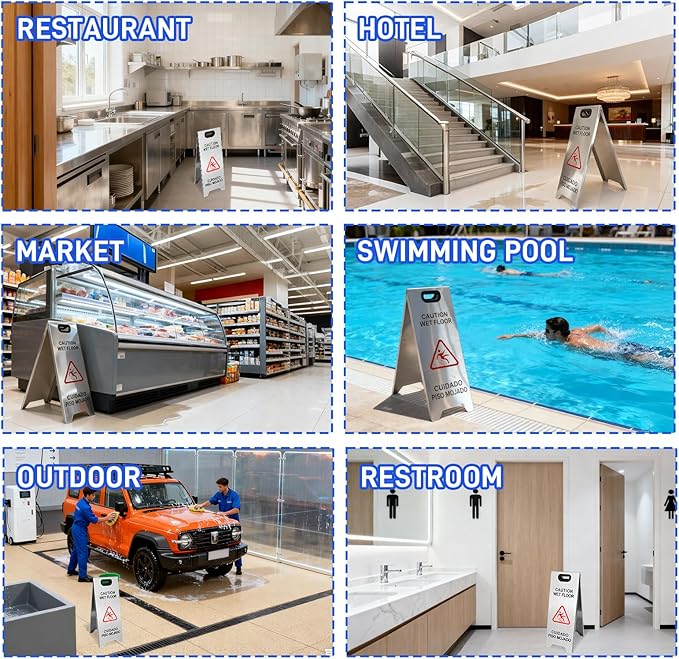 4 Pack Stainless Steel Wet Floor Sign, 24 Inch Caution Wet Floor Sign Portable Foldable Bilingual Safety Warning for Hotel Market Restroom Restaurant Office (Silver)