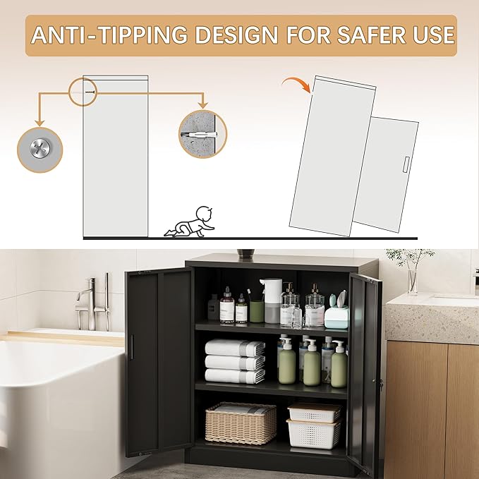 Metal Storage Cabinet, 36 Inch Tall Metal Storage Cabinet with Doors and Shelves, Pantry Cabinets for Kitchen Storage, Garage Cabinet for Living, Dining Room, Assemble Required.