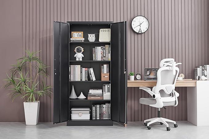 Garage Storage Cabinet with 2 Lockable Doors, Adjustable Shelves Metal Storage Cabinet, Kitchen Pantry Storage Cabinet, Heavy-Duty Steel Cabinet for Home, 71'H, Black