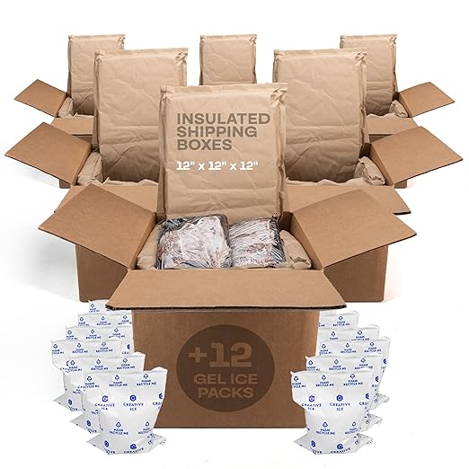 Insulated Thermal Shipping Boxes 12"x12"x12" with 2 Gel Ice Packs, Pack of 6 - USA-Made Cold Food Shipping Box with Absorb Condensation Thermal-Paper Liner - Frozen Food Shipping Kit by IDL Packaging