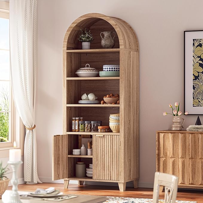 79.9" Tall Arched Pantry Cabinet, 6-Tier Arched Cabinet with Fluted Doors, Kitchen Pantry with Open & Adjustable Shelves, Versatile Cupboard for Dining Room, Living Room, Light Oak