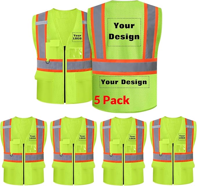 Safety Vest Customize Logo with 5 Pockets & Zipper Reflective High Visibility Vest Class 2 Outdoor Workwear