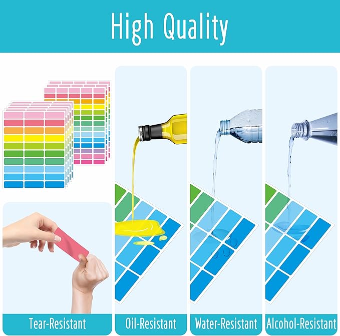 360 PCS Removable Labels, 14 Colors Self-Adhesive Rectangular Stickers Water/Oil/Tear Resistant with Perforation Line for Food Containers Kitchen Restaurant Storage Organization (8 Sheets, 2 Sizes)