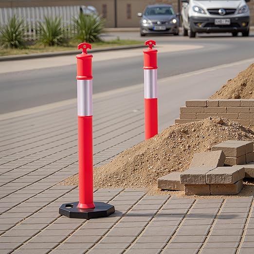 VEVOR 3 Pack Traffic Delineator Posts, 48 inches Traffic Safety Cones with Weighted Base and Reflective Strips, Heavy Duty Delineator Posts for Construction Site, Parking Lot, Crowd Control, Red