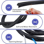 Cable Management Sleeves 1.2in - 2 Pack 4.1ft Split Braided Cable Sleeve Black, Hard PE Cord Protectors from Pets, Wire Organizers for Cords, Flexible Cord Wrap Wire Sleeve for Computer Cord Organizer