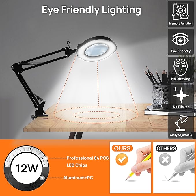 10X Magnifying Glass with Light and Stand, 84 LEDs 2 in 1 Magnifier Lamp with Clamp and 5 Color Stepless Dimmable Modes for Hands Free Reading Sewing Crafts Repair and Close Work