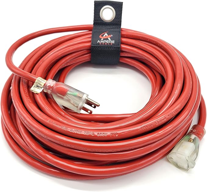 100 ft - 14 Gauge Extension Cord Outdoor - Made in USA - Lighted on Both Ends - Red Outdoor Extension_Cord Waterproof by Anthem Cable - Heavy Duty ExtensionCord 100 ft 13 Amp Extension