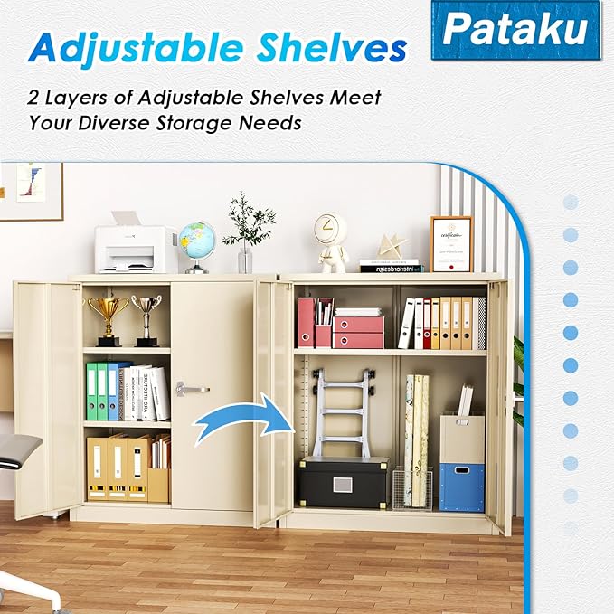 Pataku Metal Storage Cabinet, Garage Cabinet with Doors and Shelves 36" Hx32 Wx16 D, Steel Lockable File Cabinets for Office, Home, Garage, Basement, Industrial, Putty