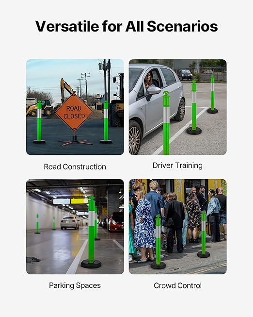 VEVOR 3 Pack Traffic Delineator Posts, 48 inches Traffic Safety Cones with Fillable Base and Reflective Strips, Heavy Duty Delineator Posts for Construction Site, Parking Lot, Crowd Control, Green