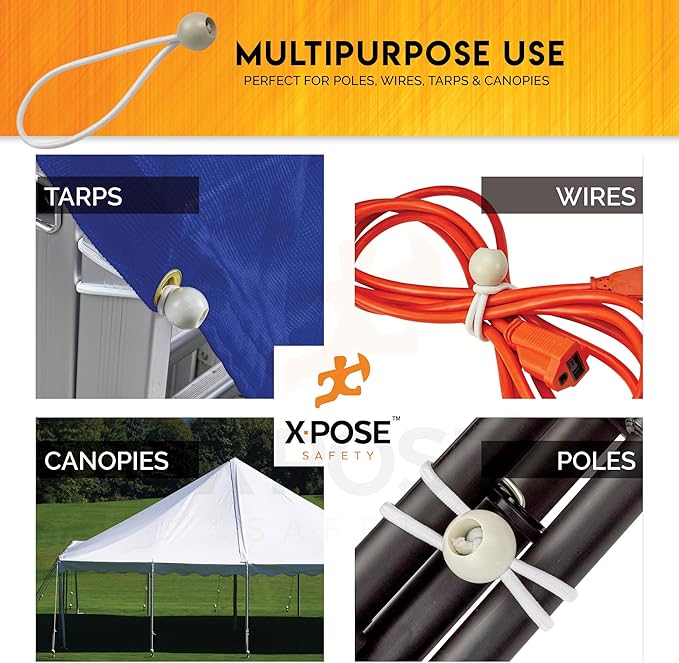 Xpose Safety Bungee Ball Cords 9" 25 Pack Heavy Duty White Stretch Rope with Ball Ties for Canopies, Tarps, Walls, Cable Organization