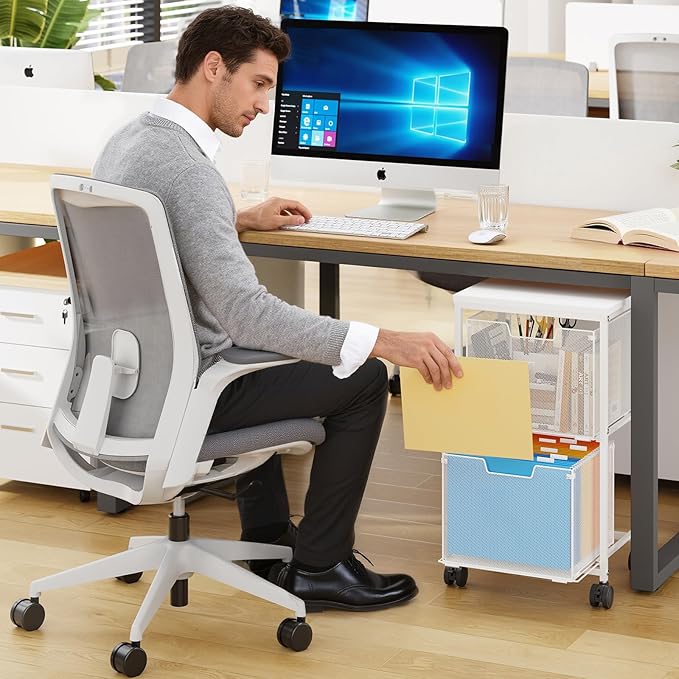 Rolling File Cart with 2 Storage Drawers,Under Desk Storage Cart,Hanging File Folder Organizer with Wheels, Filing Cabinet Mobile Printer Stand Utility Craft Cart for Home Office,White