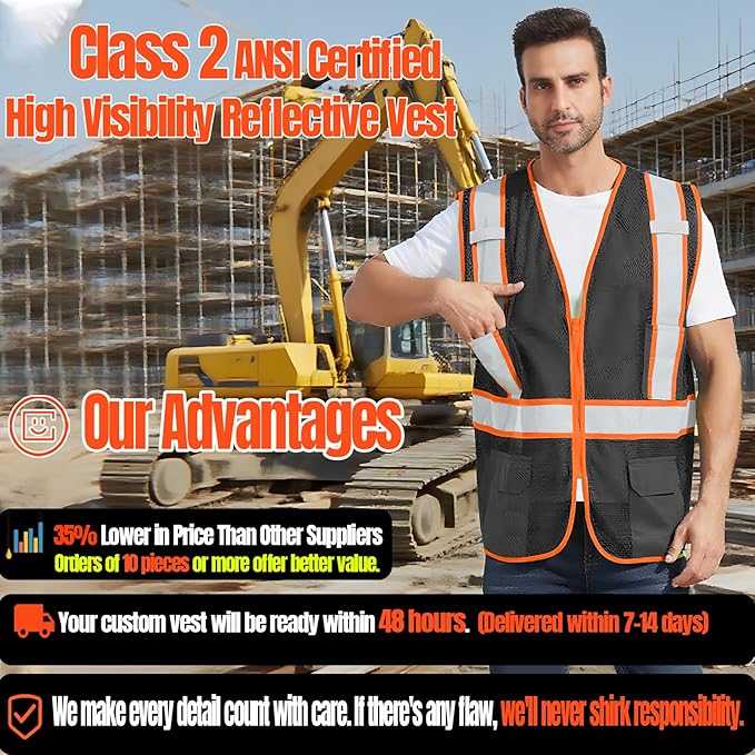 BeautyWill Custom Safety Vest Customized Logo Class 2 High Visibility Reflective Vest with Pockets Construction workwear